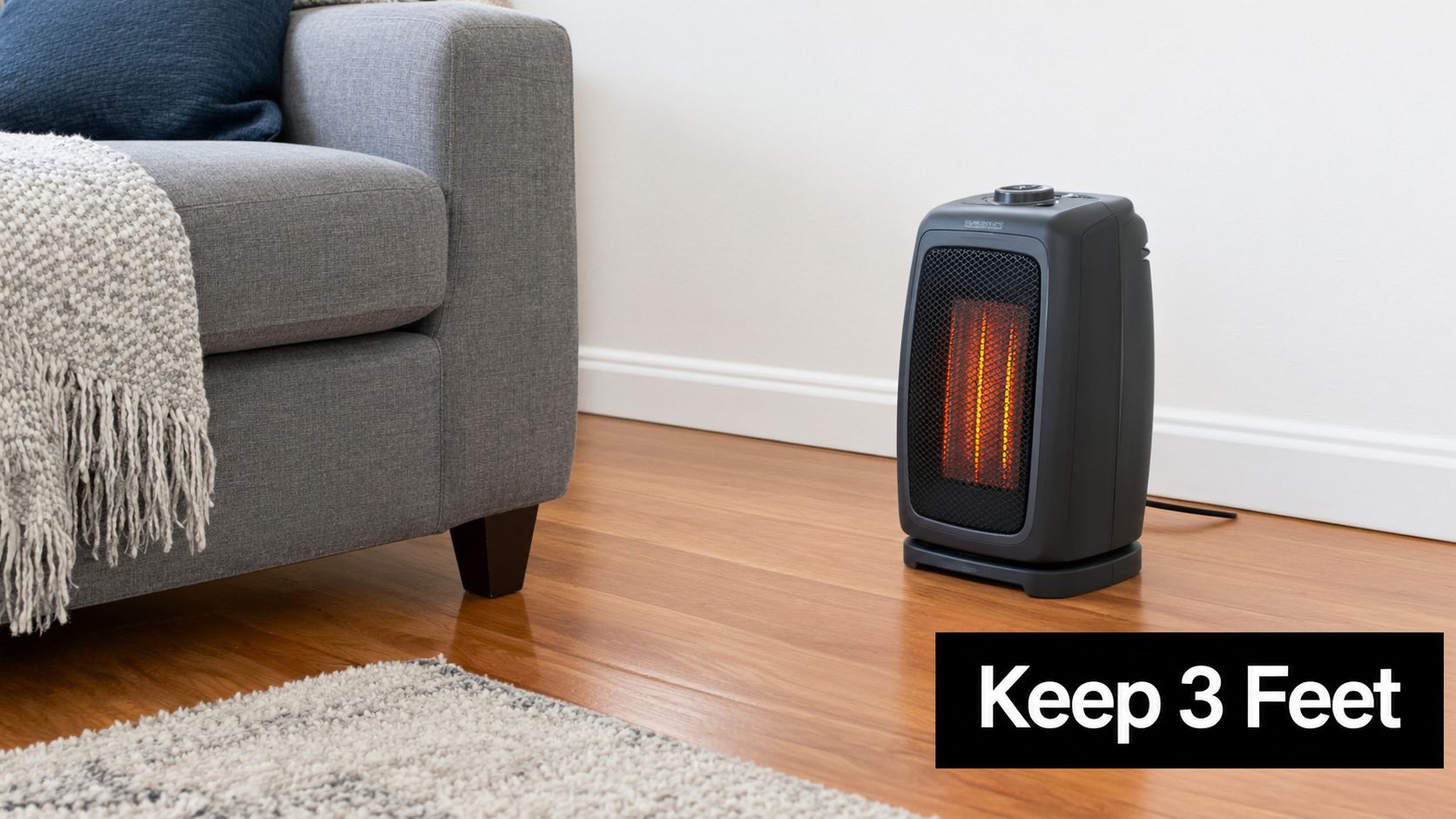 A space heater placed on a wood floor too close to a sofa, illustrating fire safety risks.