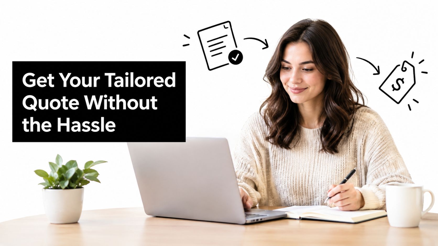 A woman working on her laptop while taking notes, representing easy online home insurance quote processes.