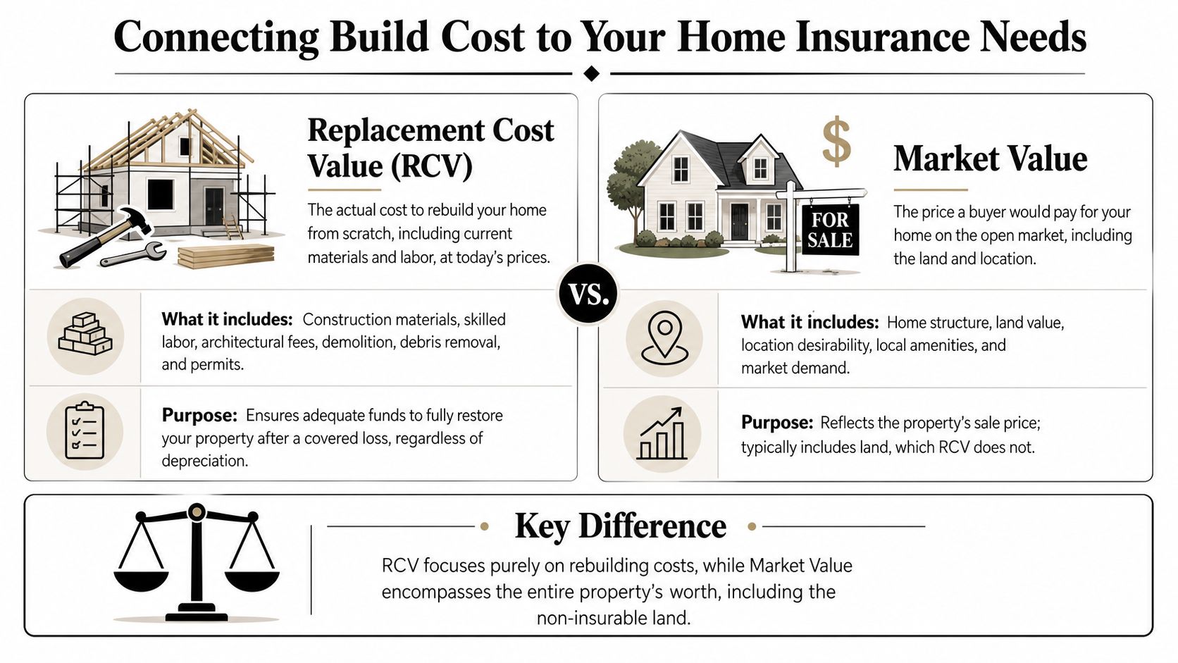 An infographic explaining the difference between replacement cost value and market value for home insurance coverage.