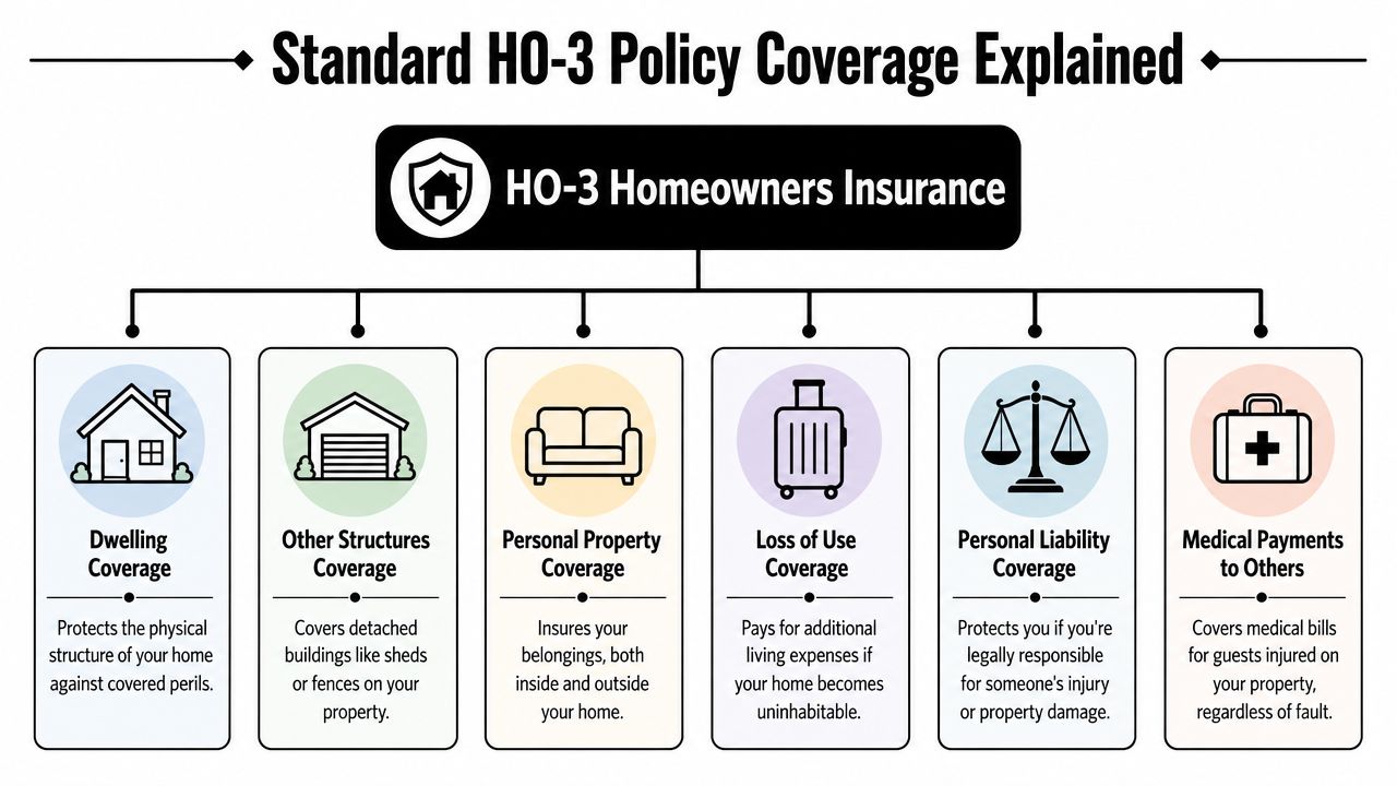 A diagram outlining the six main coverage components of a standard HO-3 homeowners insurance policy.