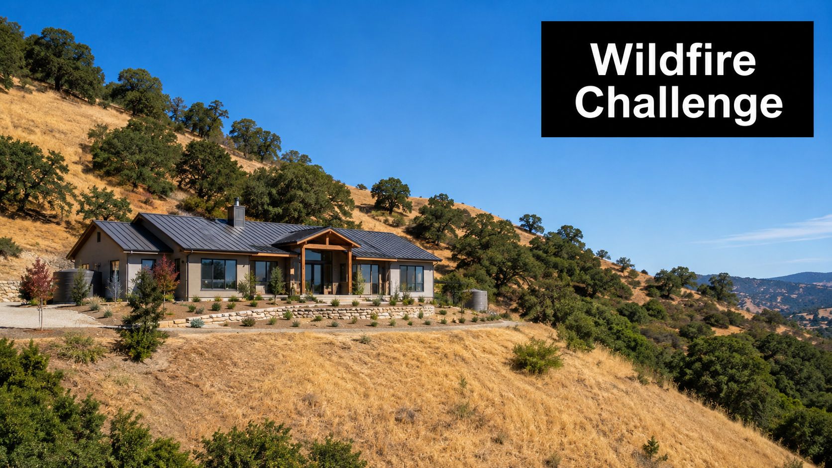 A modern home built on a hillside surrounded by dry, flammable vegetation in a wildfire-prone region.