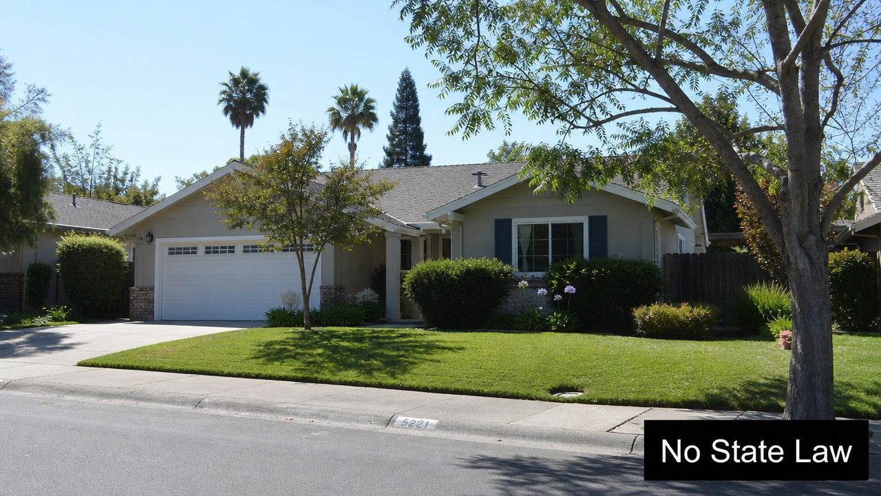 A single-story California suburban house with a manicured green lawn and clear blue sky.