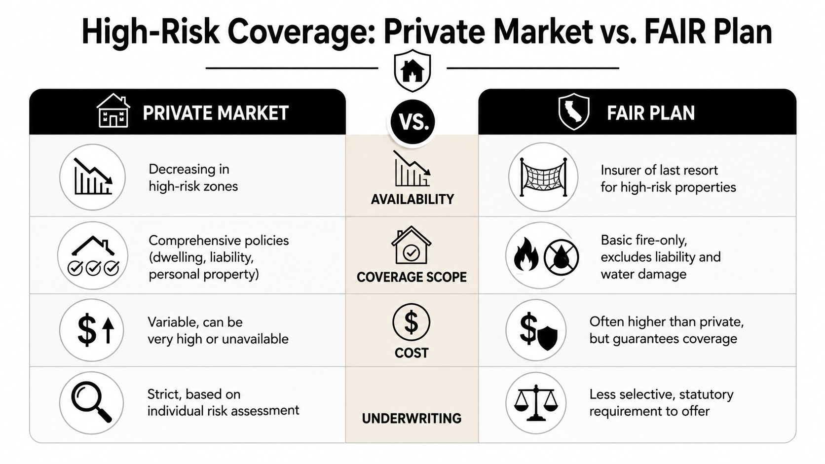 A comparison chart showing differences between private insurance markets and the California FAIR plan for high-risk properties.