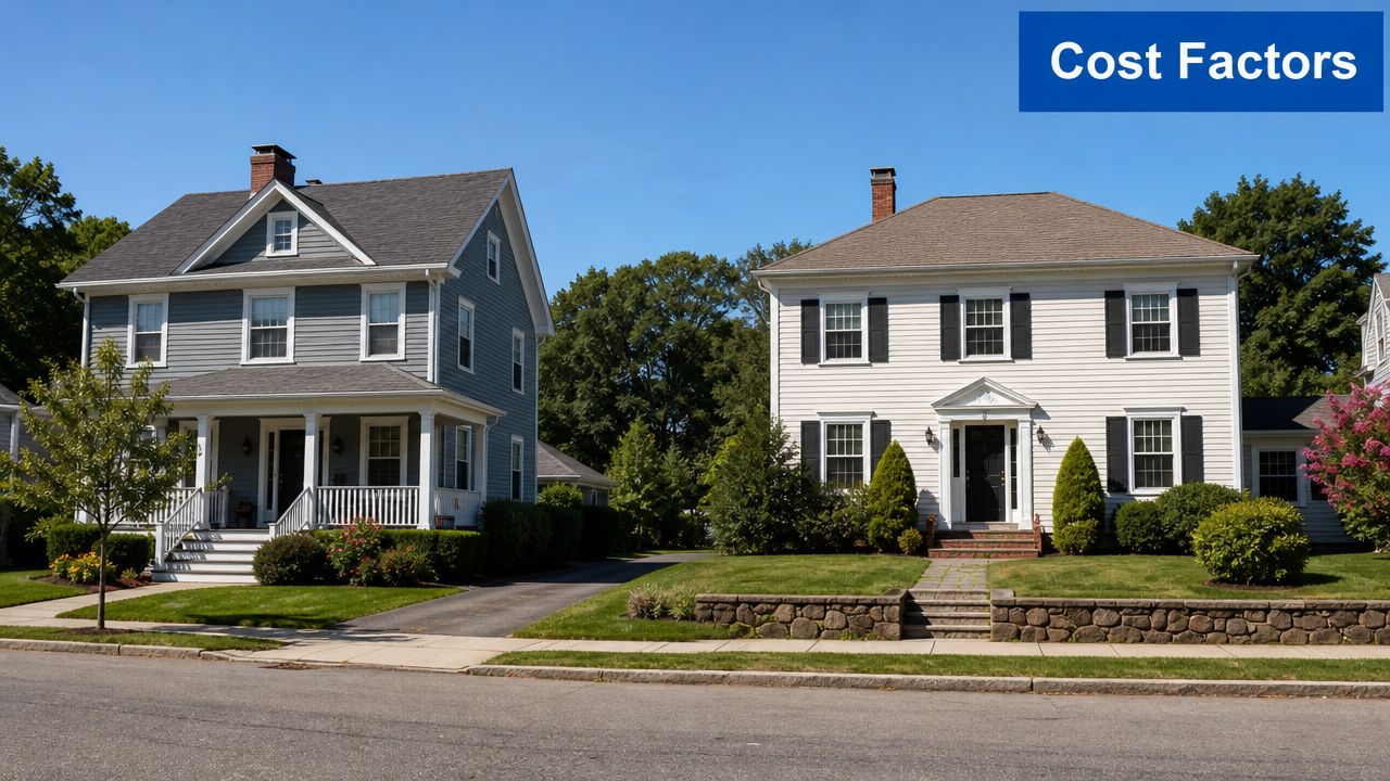 Two traditional two-story residential homes with lawns and driveways on a clear blue sky day.