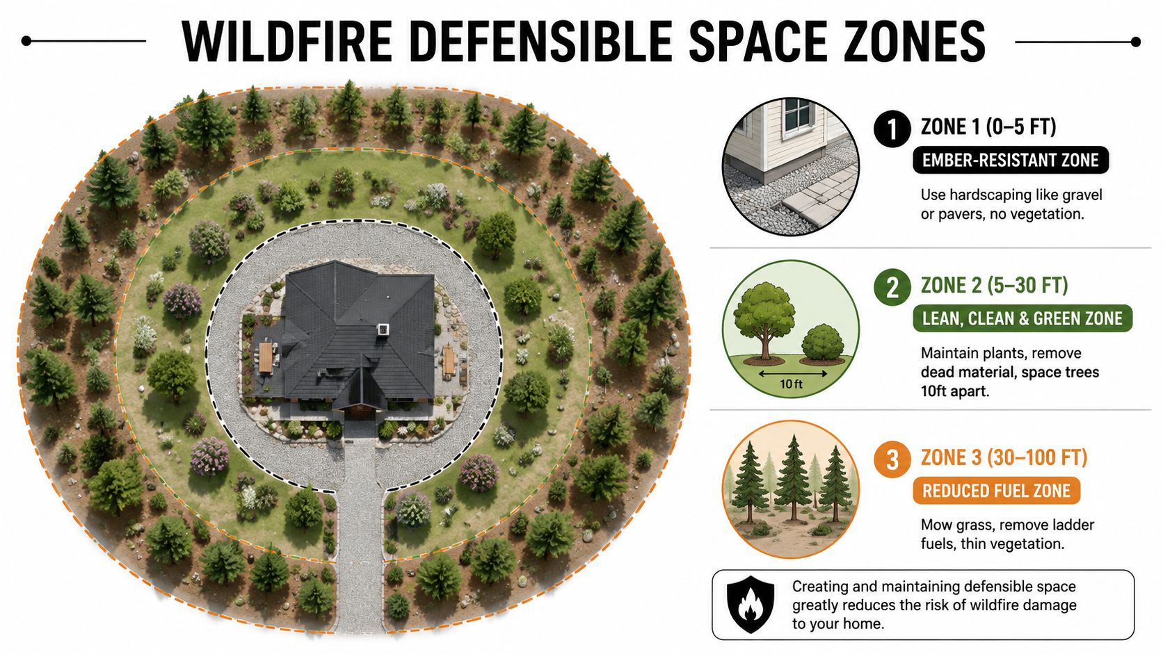 A diagram illustrating wildfire defensible space zones around a home for effective fire prevention and safety.
