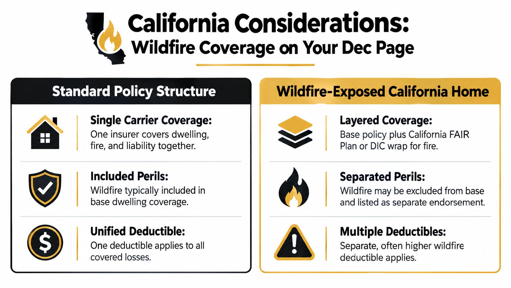 A comparison chart explaining wildfire coverage structures for homeowners insurance policies in California.