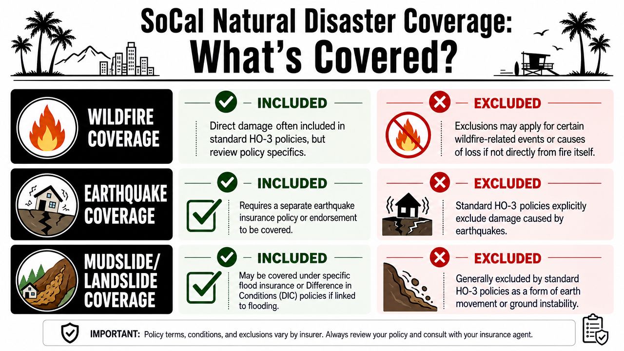 A visual guide explaining how natural disaster coverage for wildfires, earthquakes, and mudslides works in Southern California.