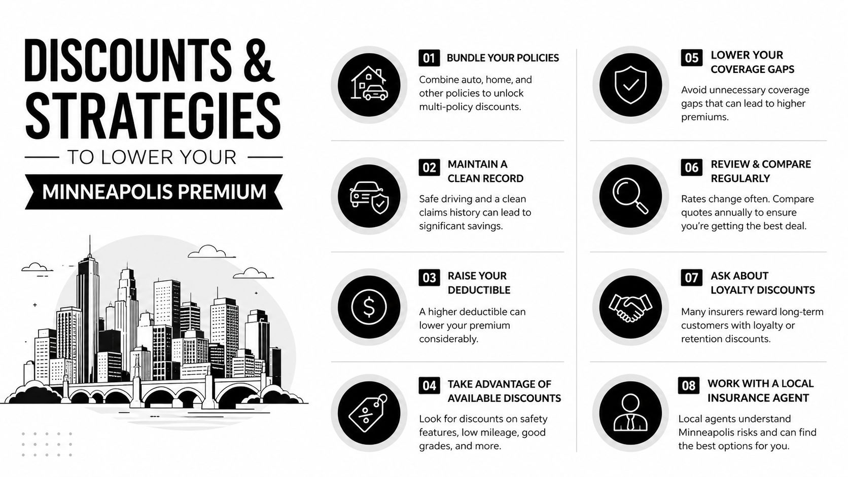 An infographic showing eight practical tips and strategies for reducing auto insurance premiums in Minneapolis.