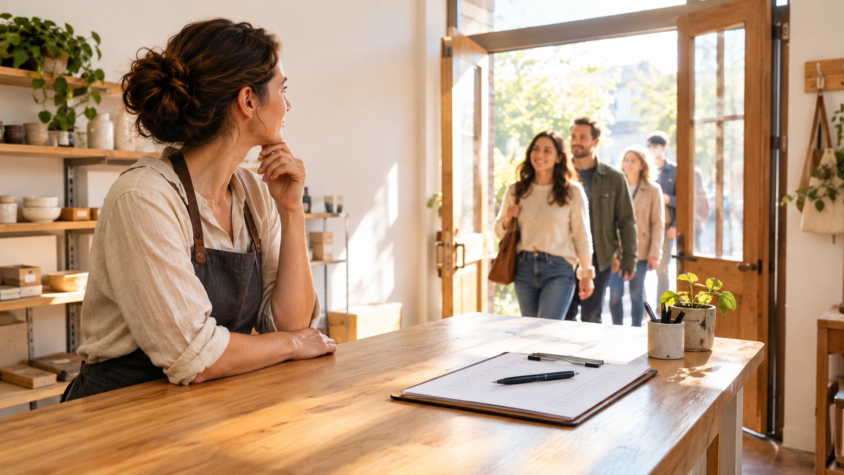 A store clerk stands behind a wooden counter watching customers enter through an open shop door.