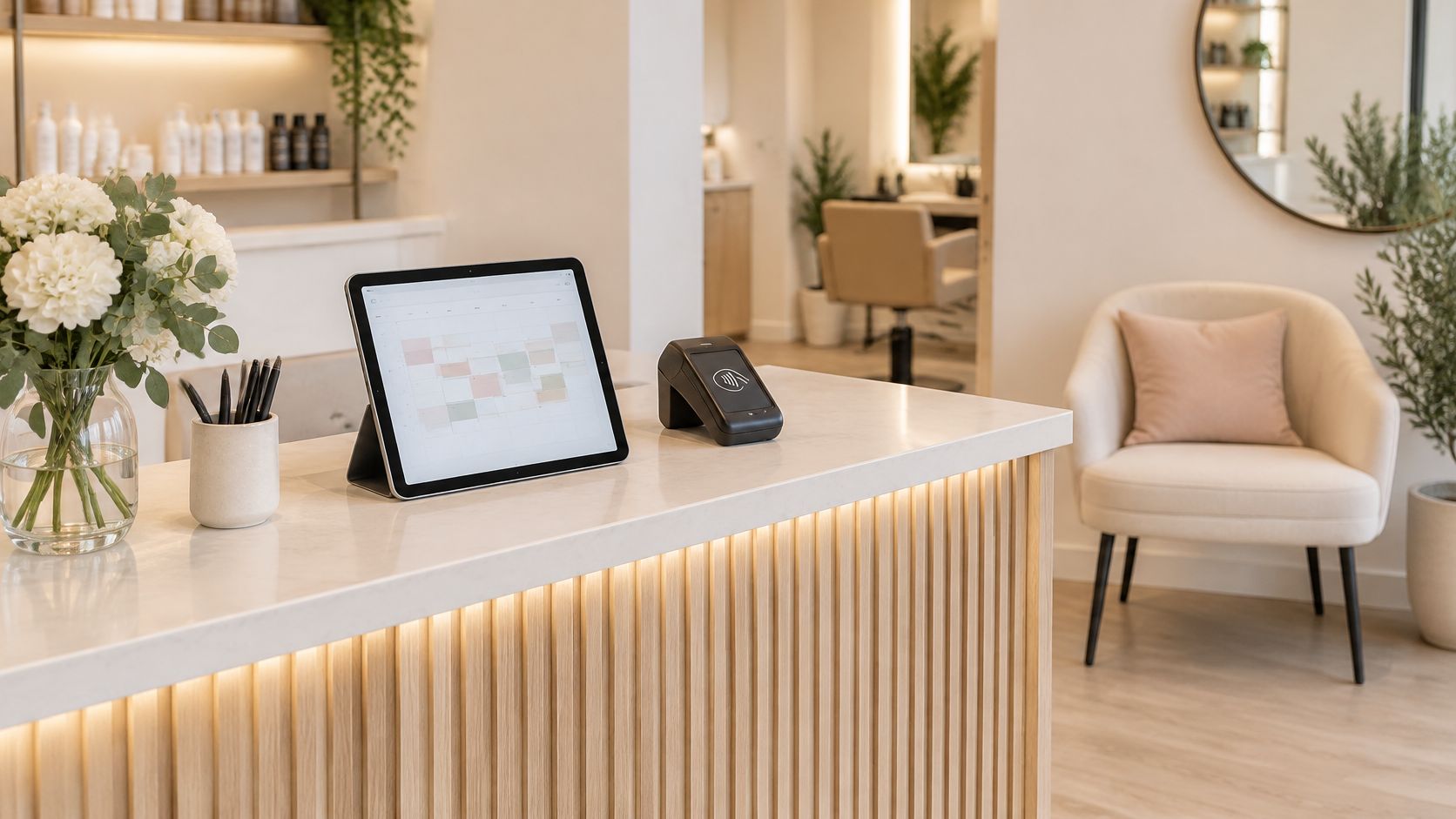 A modern hair salon reception desk featuring a tablet with scheduling software and a payment terminal.