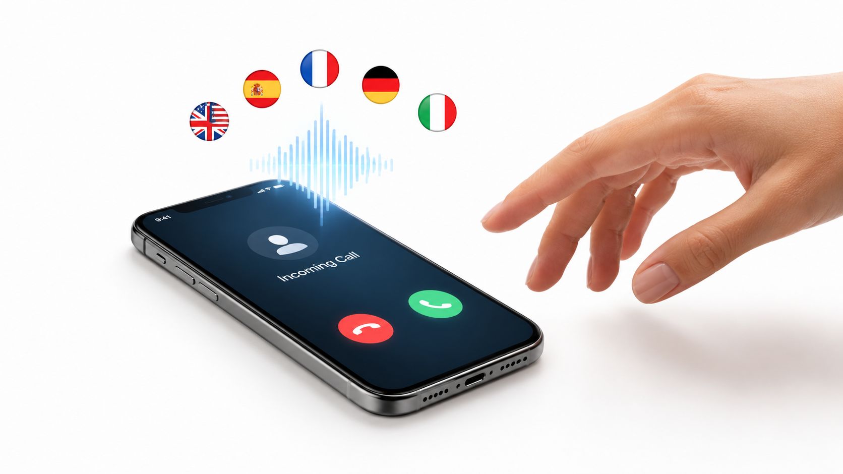 A hand reaching toward a smartphone displaying an incoming call with various language flags floating above it.