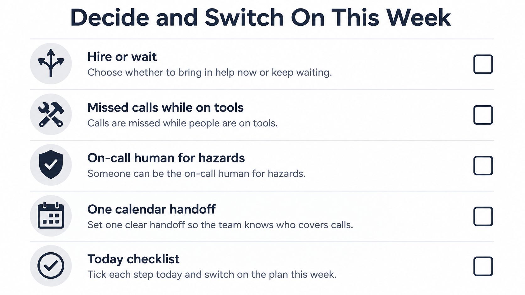 A checklist titled Decide and Switch On This Week with professional task items for team management.