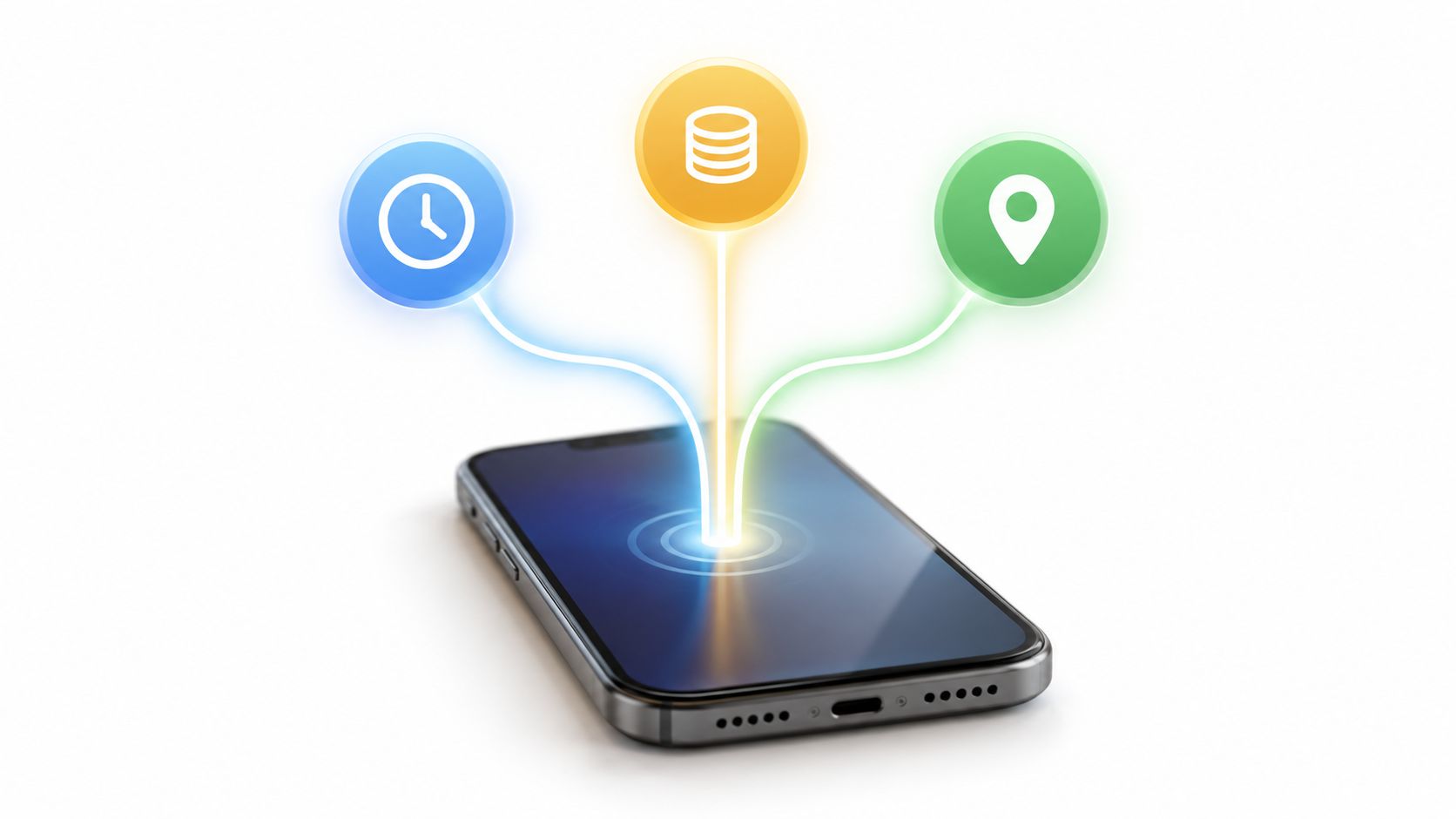 A modern smartphone displaying floating digital icons for time, data, and location services on white background.