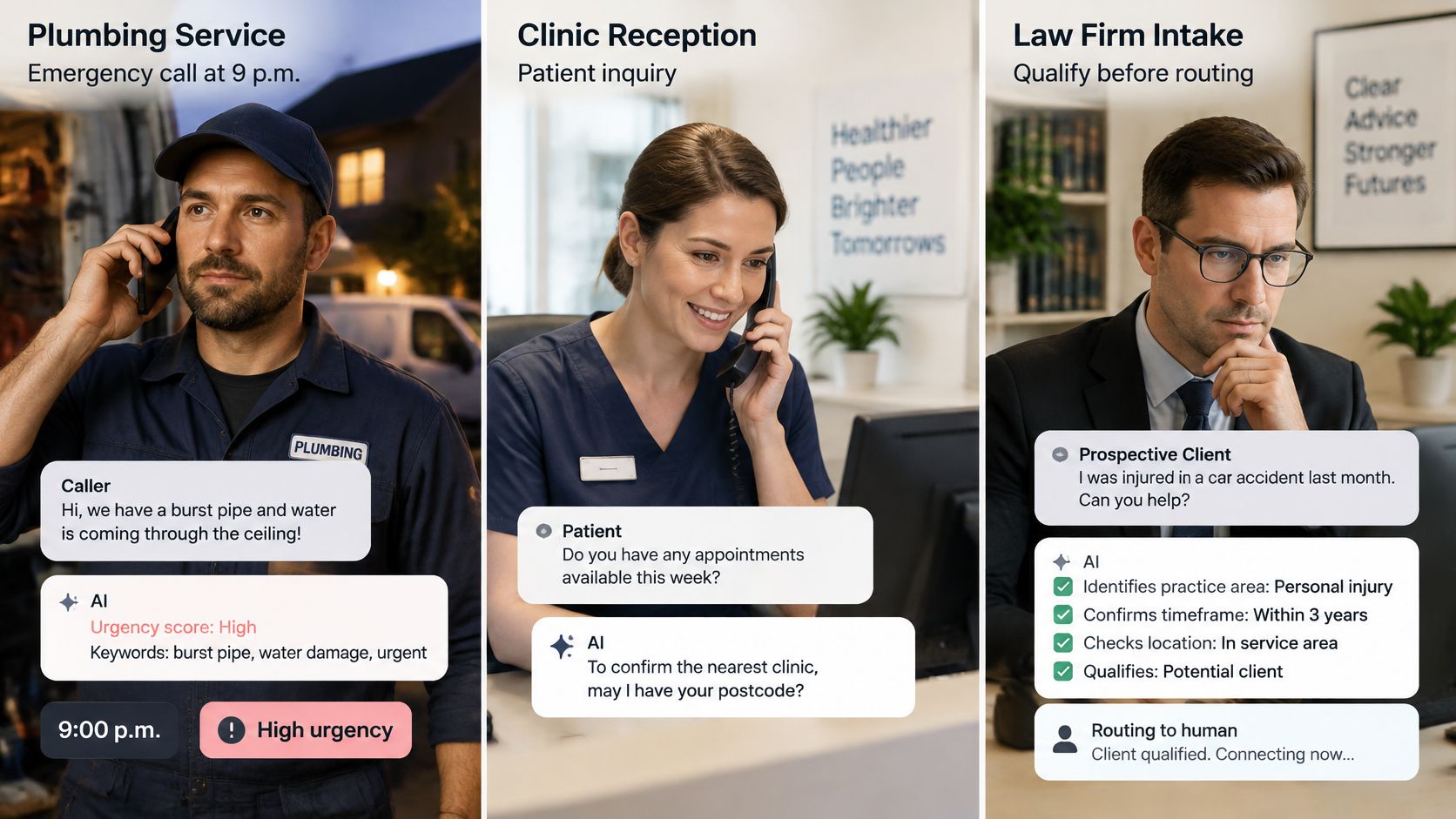 A visual representation showing AI-driven lead qualification for plumbing services, clinic reception, and law firm intake.