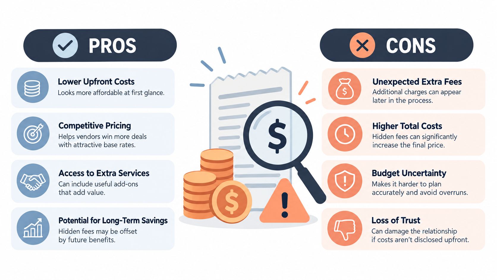 A comparison infographic showing the pros and cons of transparent versus hidden pricing structures in business deals.
