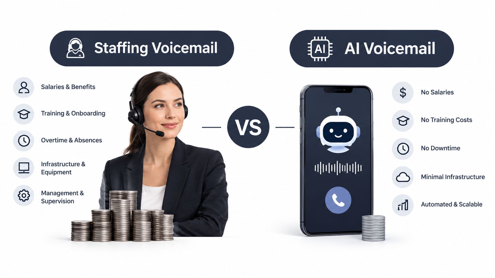 A comparative infographic showing the financial benefits of AI voicemail versus traditional human staffing for business communication.