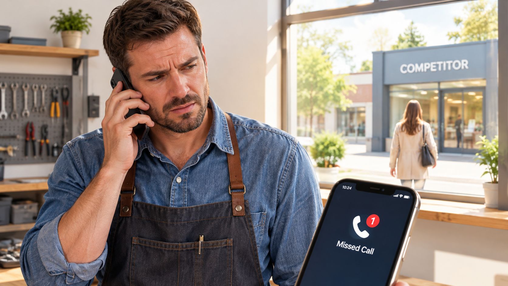 A concerned repairman holding a smartphone displaying a missed call while looking toward a competing business.