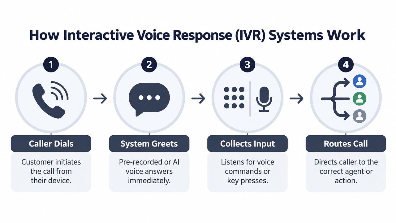 A four-step diagram illustrating how interactive voice response systems process calls from customer dial to routing.