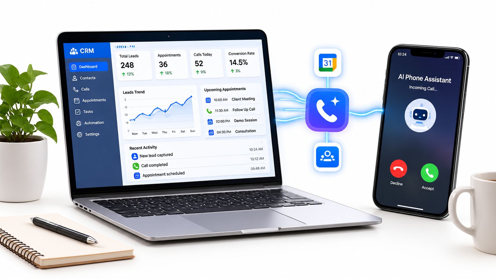 A modern laptop displaying CRM software connected to an AI phone assistant on a mobile device.
