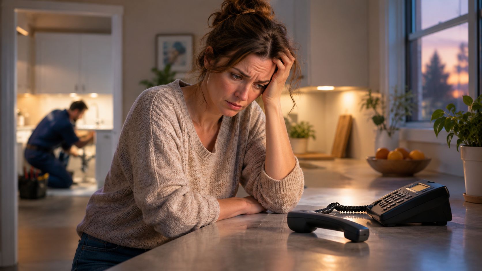 A stressed woman sitting at a kitchen counter while a plumber works in the background.