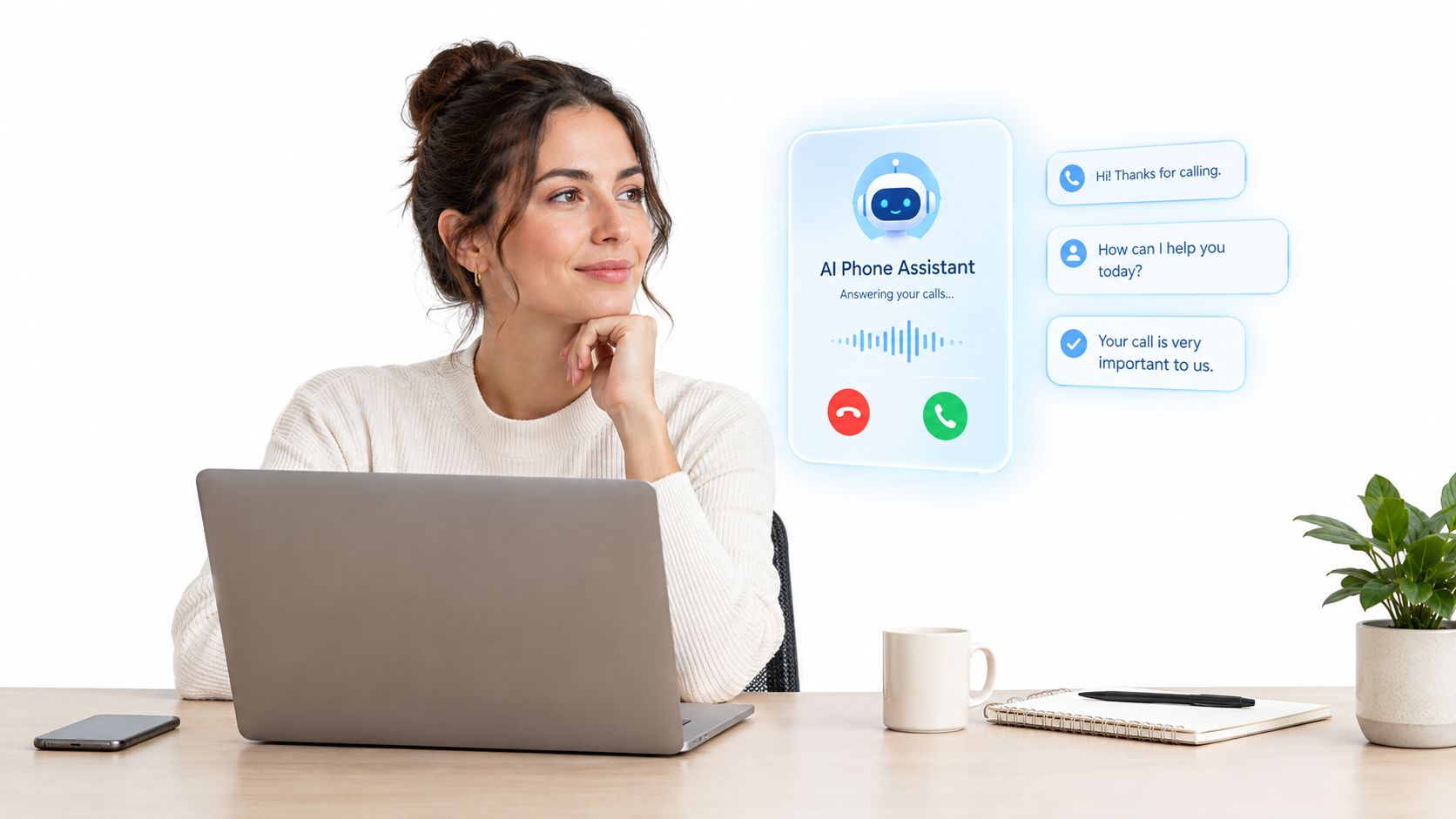 A woman at her desk looking at an AI phone assistant interface while working on her laptop.