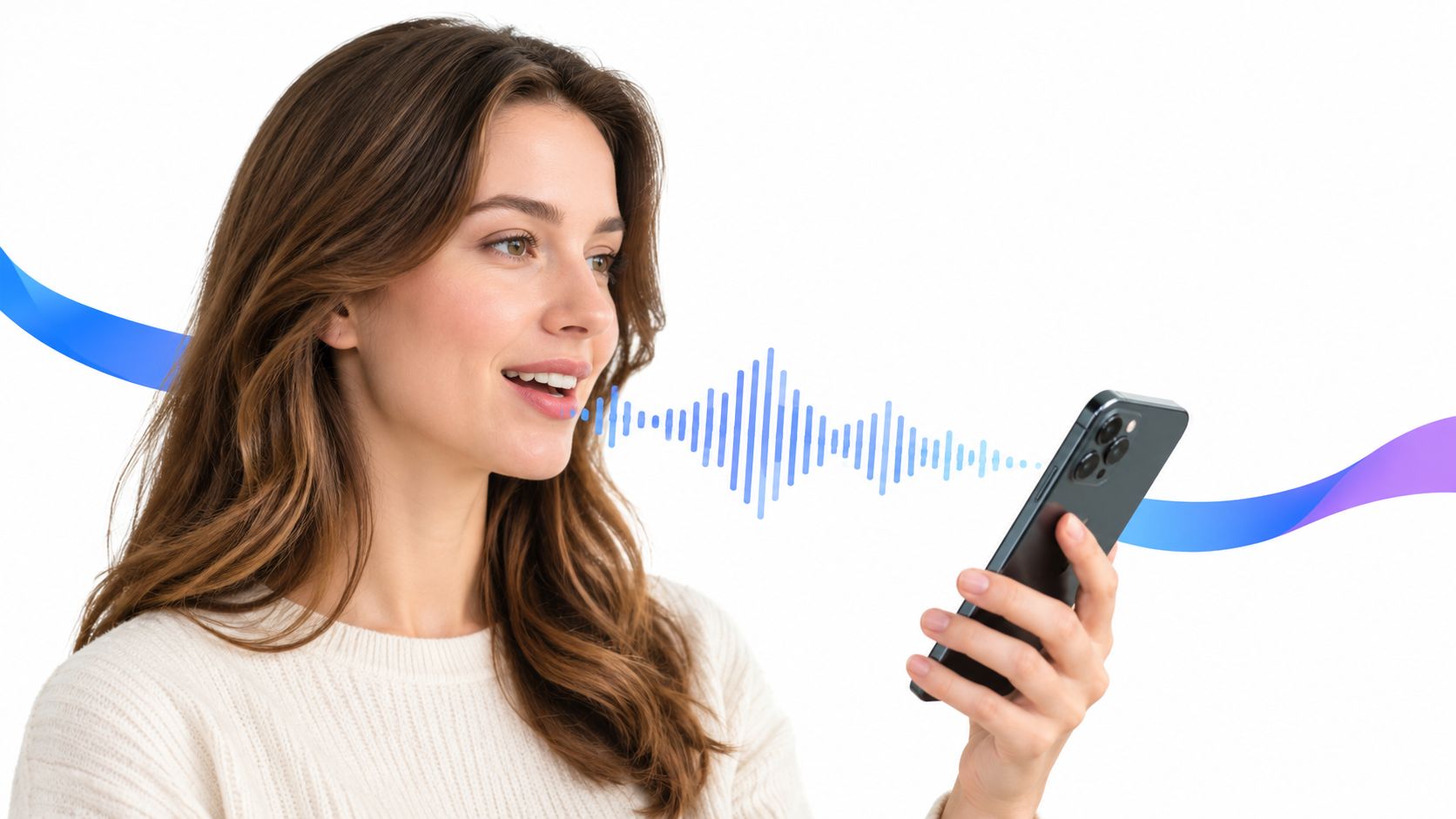 A woman smiling and speaking into her smartphone with a visual representation of voice waves displayed.