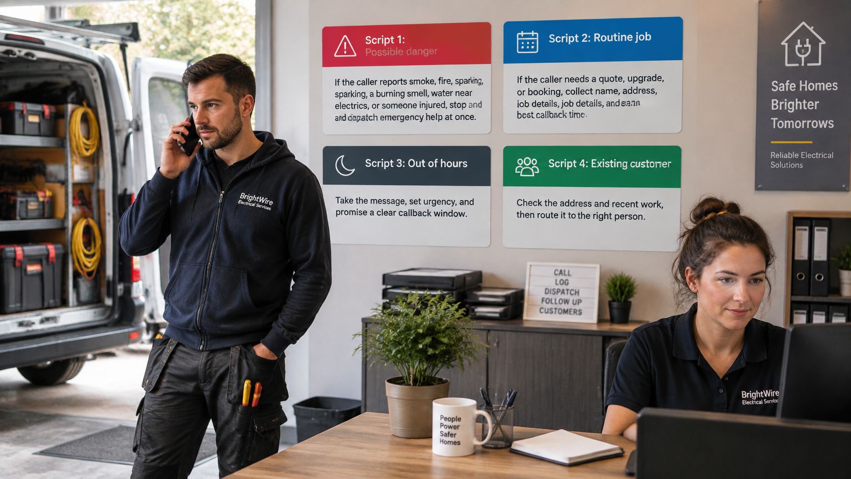 A professional electrician and office worker collaborating in a modern dispatch center for electrical services.