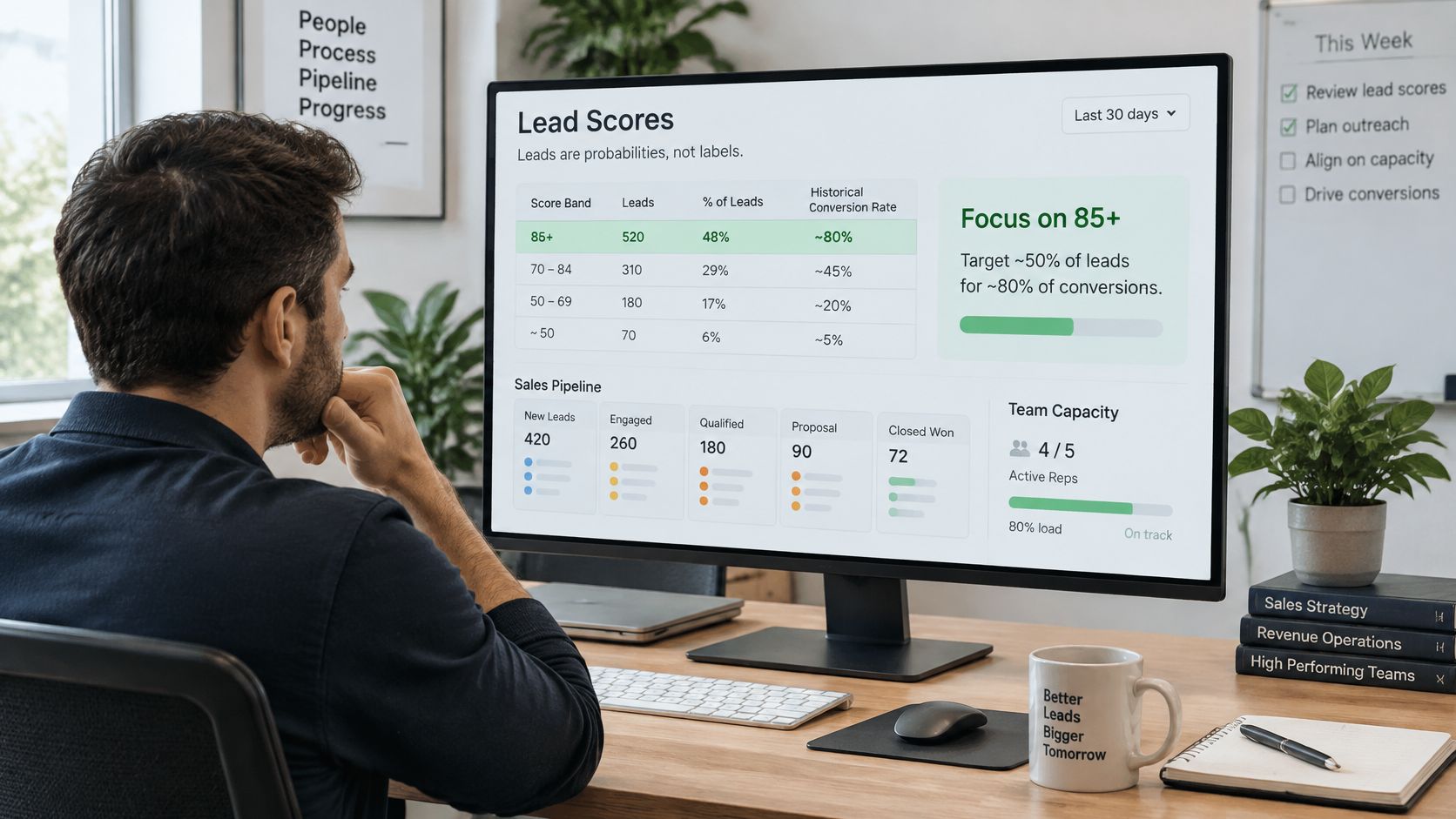 A professional analyzing a sales lead dashboard on a computer monitor in a modern home office.