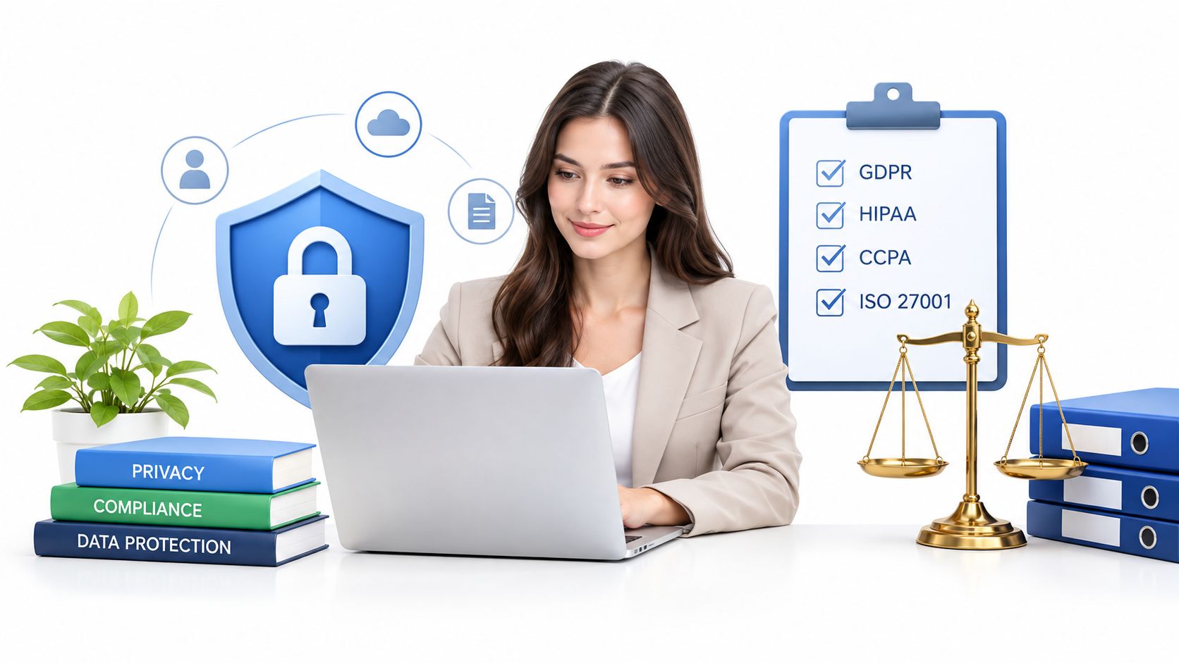 A professional woman working on a laptop surrounded by data privacy, compliance, and legal compliance symbols.