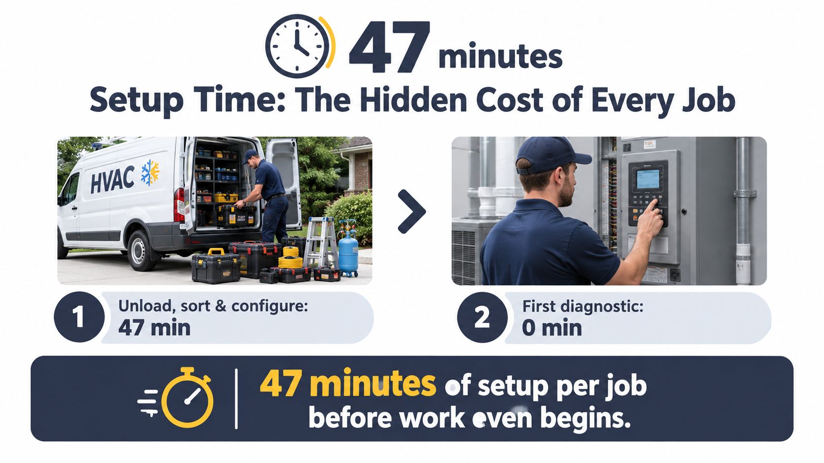 A technician unloading tools from an HVAC van, highlighting the forty-seven minutes lost to setup tasks.