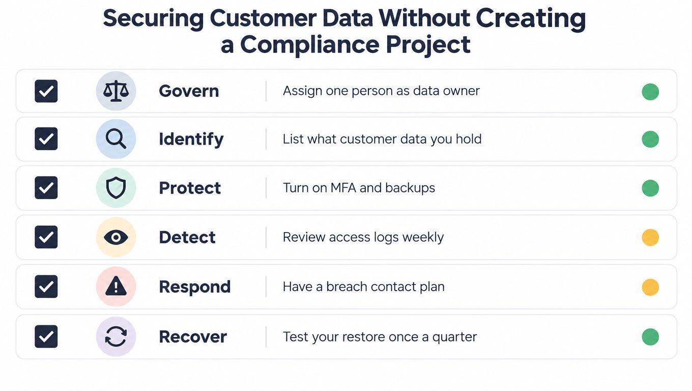 A checklist diagram outlining six key cybersecurity steps to secure customer data for small businesses.