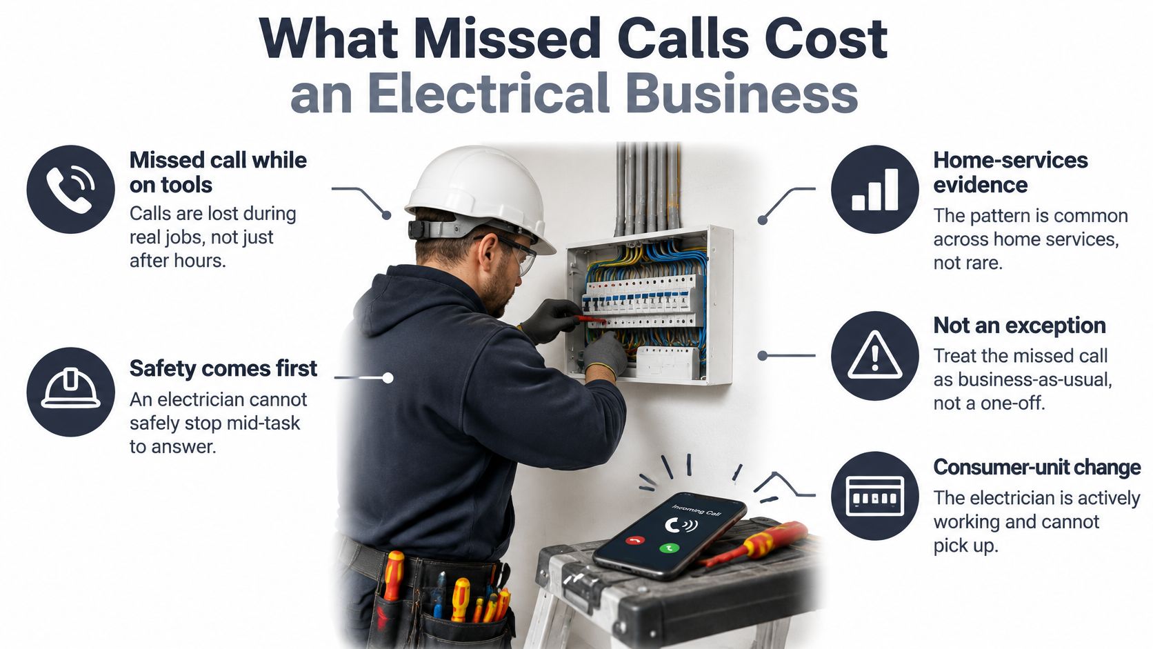 An electrician working on a consumer unit misses a phone call due to safety and job focus.