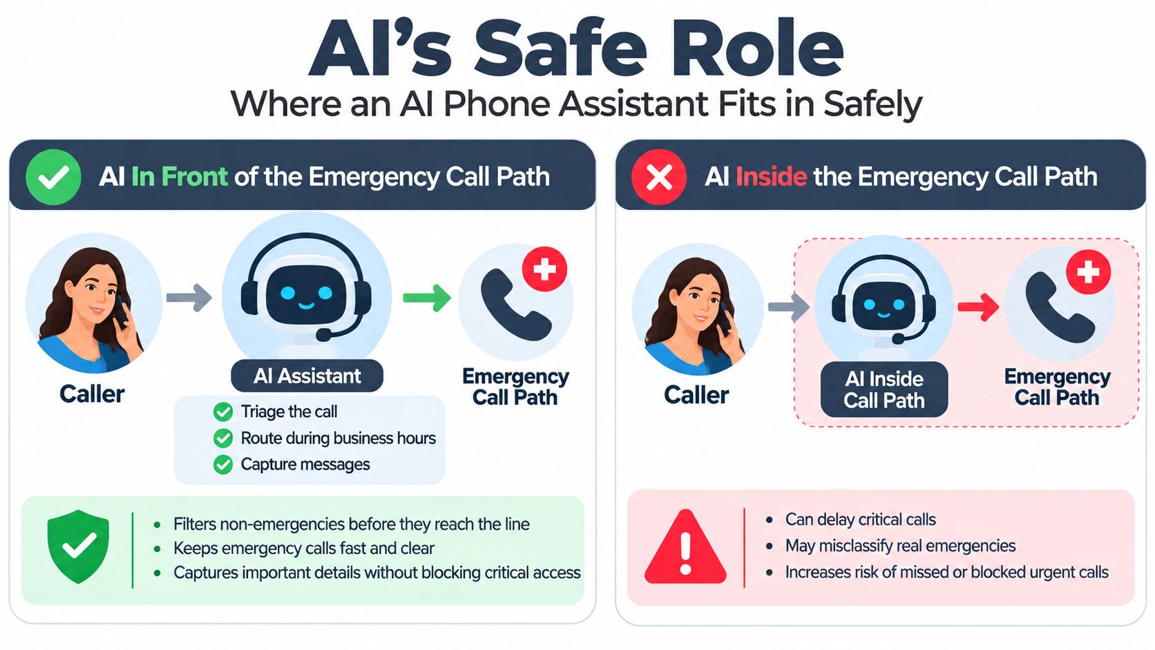 A diagram illustrating the safe implementation of AI assistants in emergency call routing workflows versus risky placements.