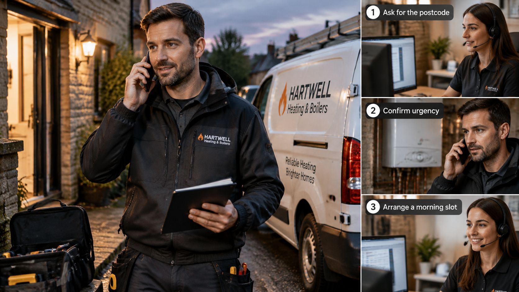 A professional Hartwell Heating & Boilers technician speaking on the phone while coordinating service with office staff.