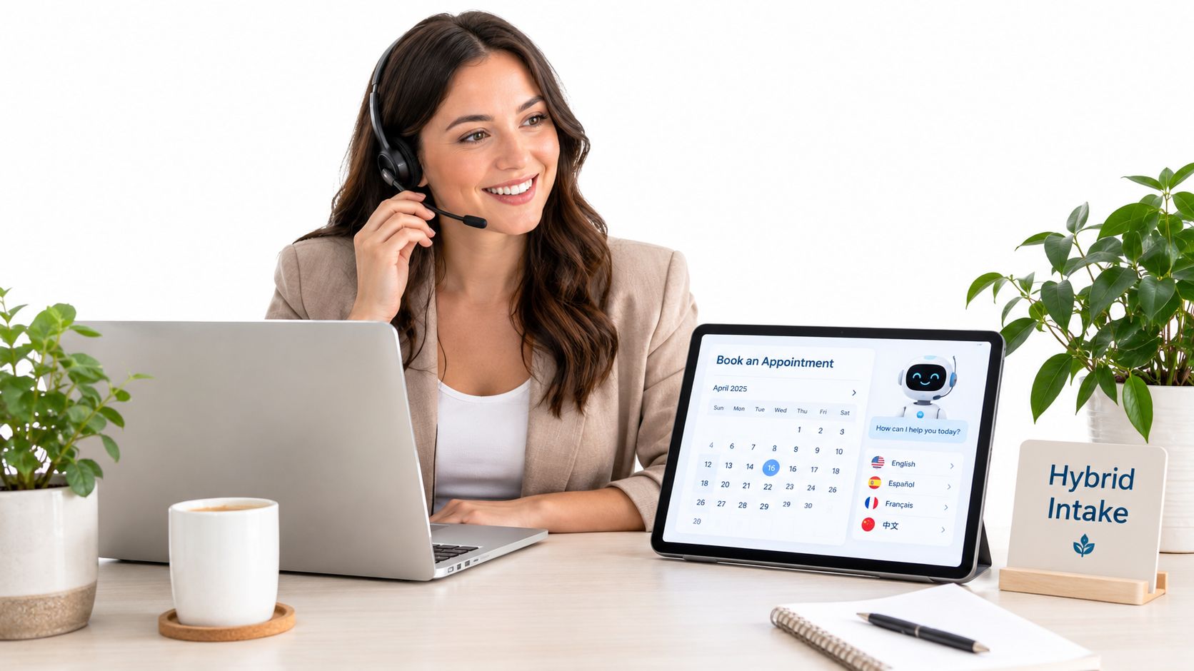 A professional woman wearing a headset, smiling at her desk while managing appointment bookings on a tablet.