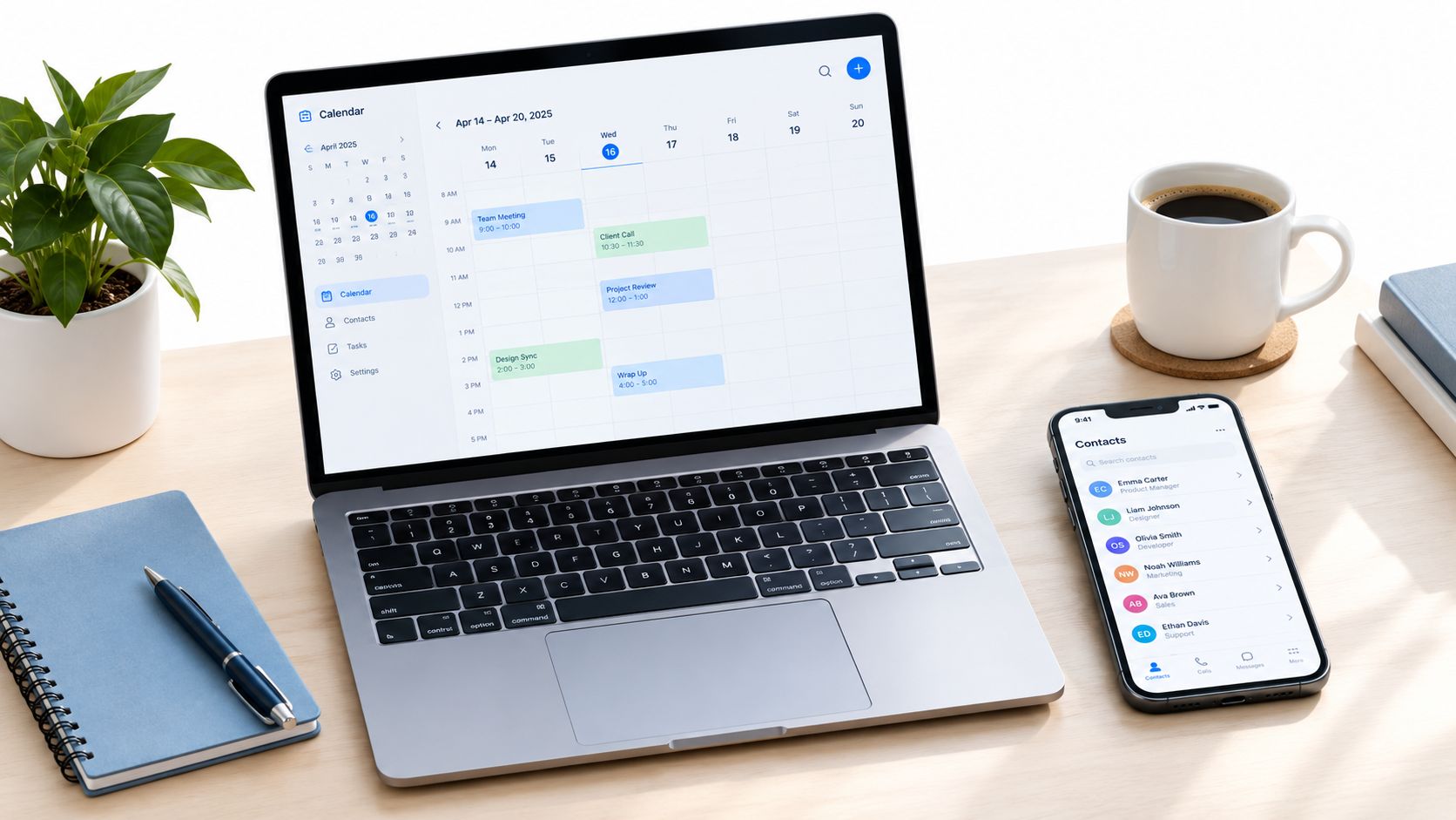 A modern workspace with a laptop displaying a calendar app and a smartphone showing a contacts list.