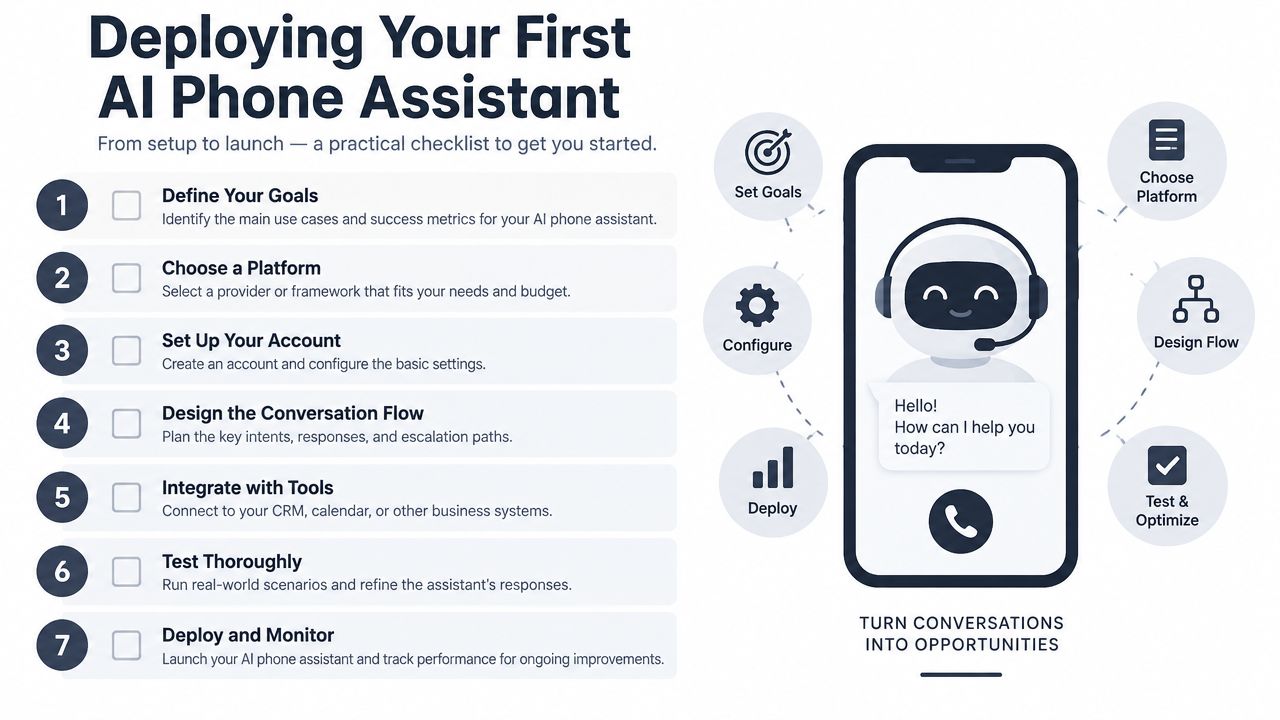 A seven-step checklist for businesses to deploy an AI phone assistant, shown next to a smartphone illustration.