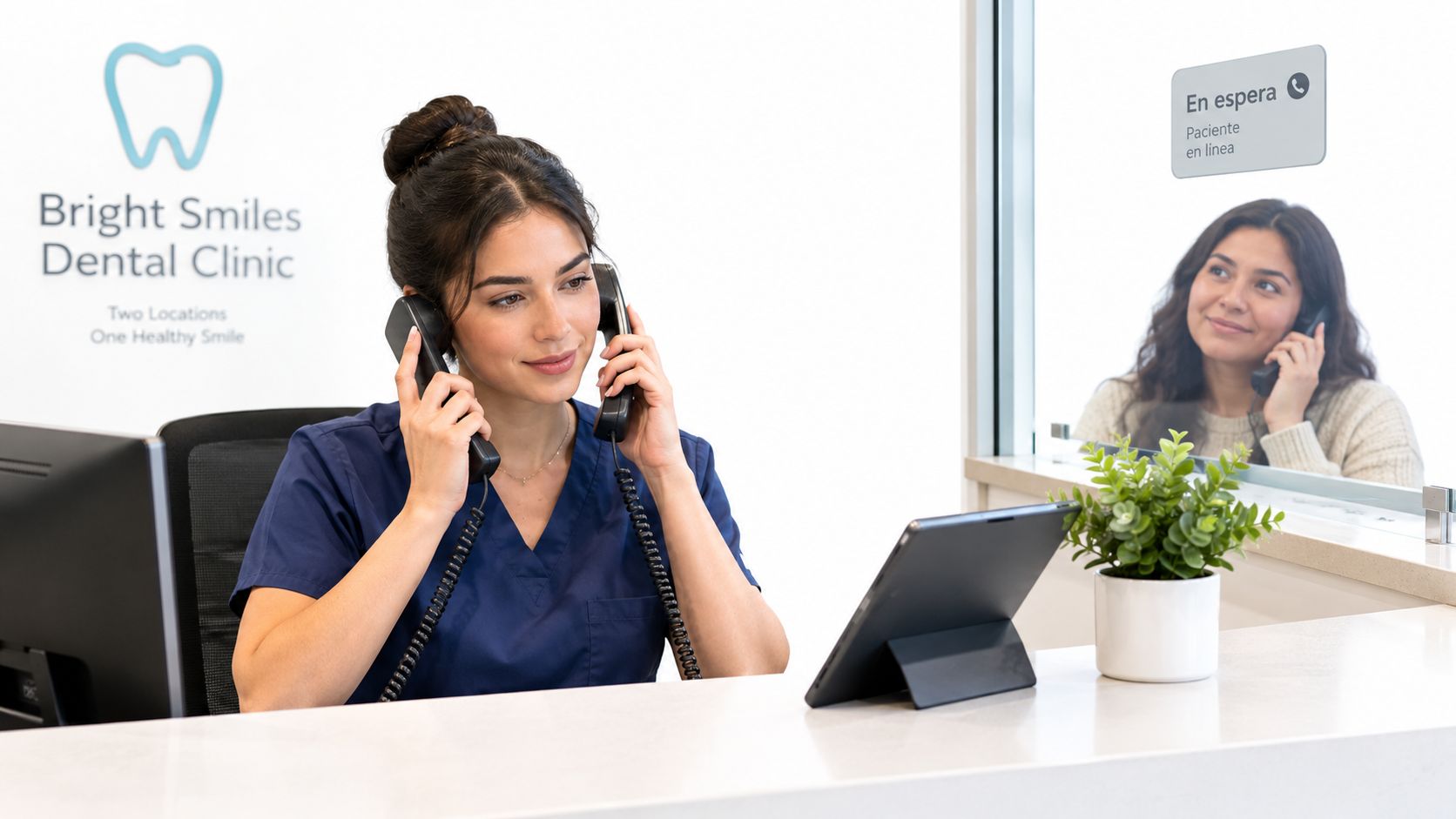 A dental office receptionist answering two phones simultaneously while sitting at a desk in a clinic.