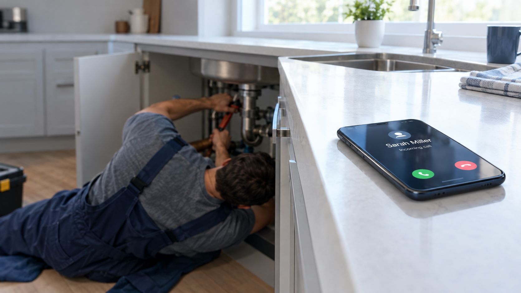 A plumber in blue overalls fixes pipes under a kitchen sink while a phone receives a call.