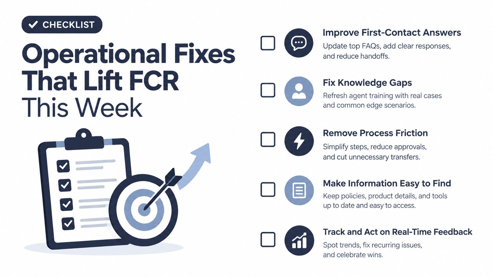 A checklist showing five operational strategies to improve first call resolution in a professional customer service environment.