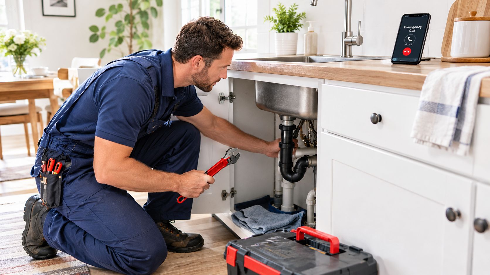 A professional plumber in a blue uniform repairing a kitchen sink while a phone displays emergency call.