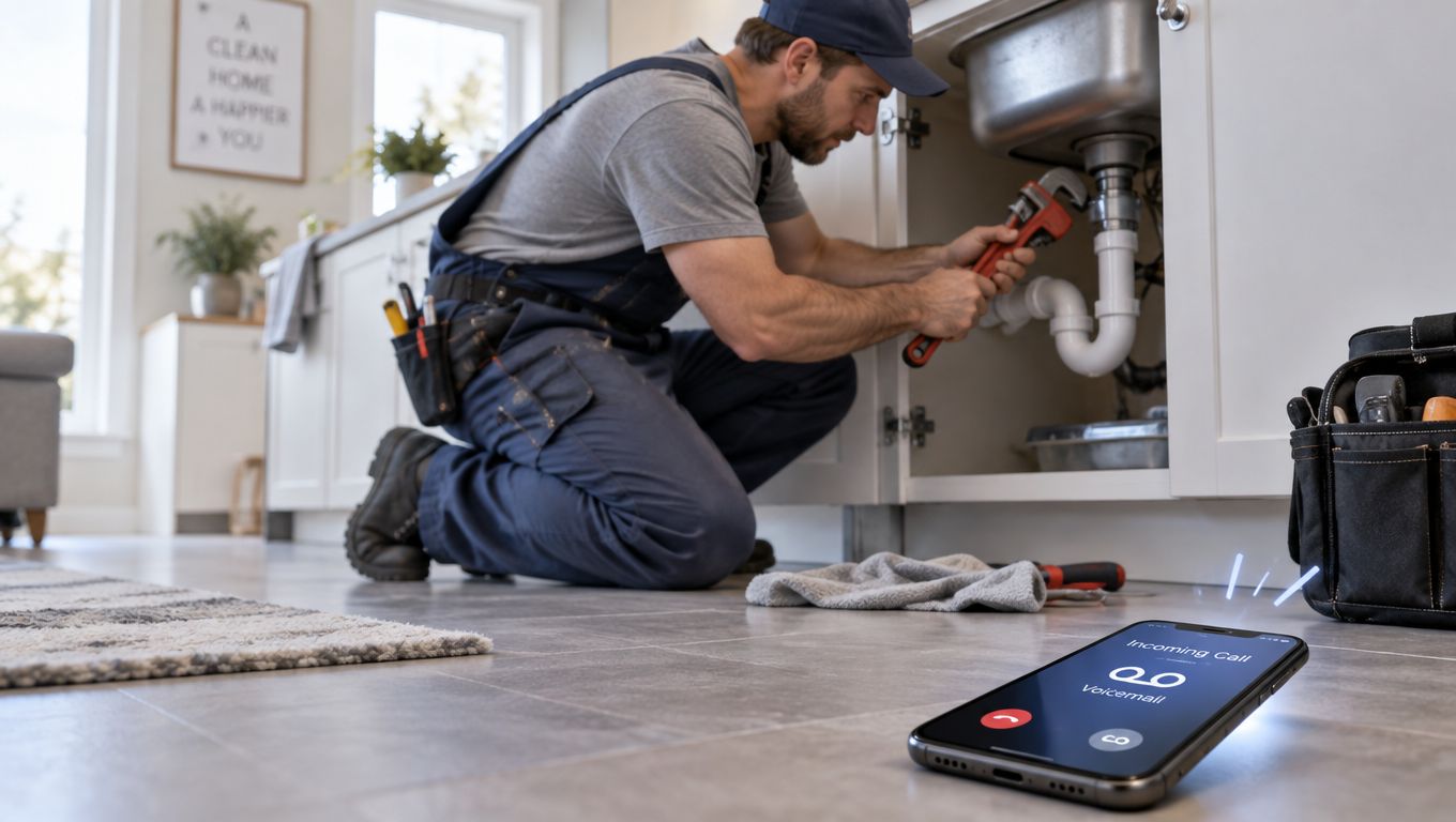 A professional plumber working under a kitchen sink while a smartphone displays an incoming voicemail call nearby.