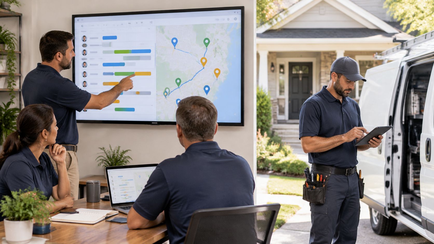 A service management team discusses route scheduling on a digital display while a technician prepares outside.