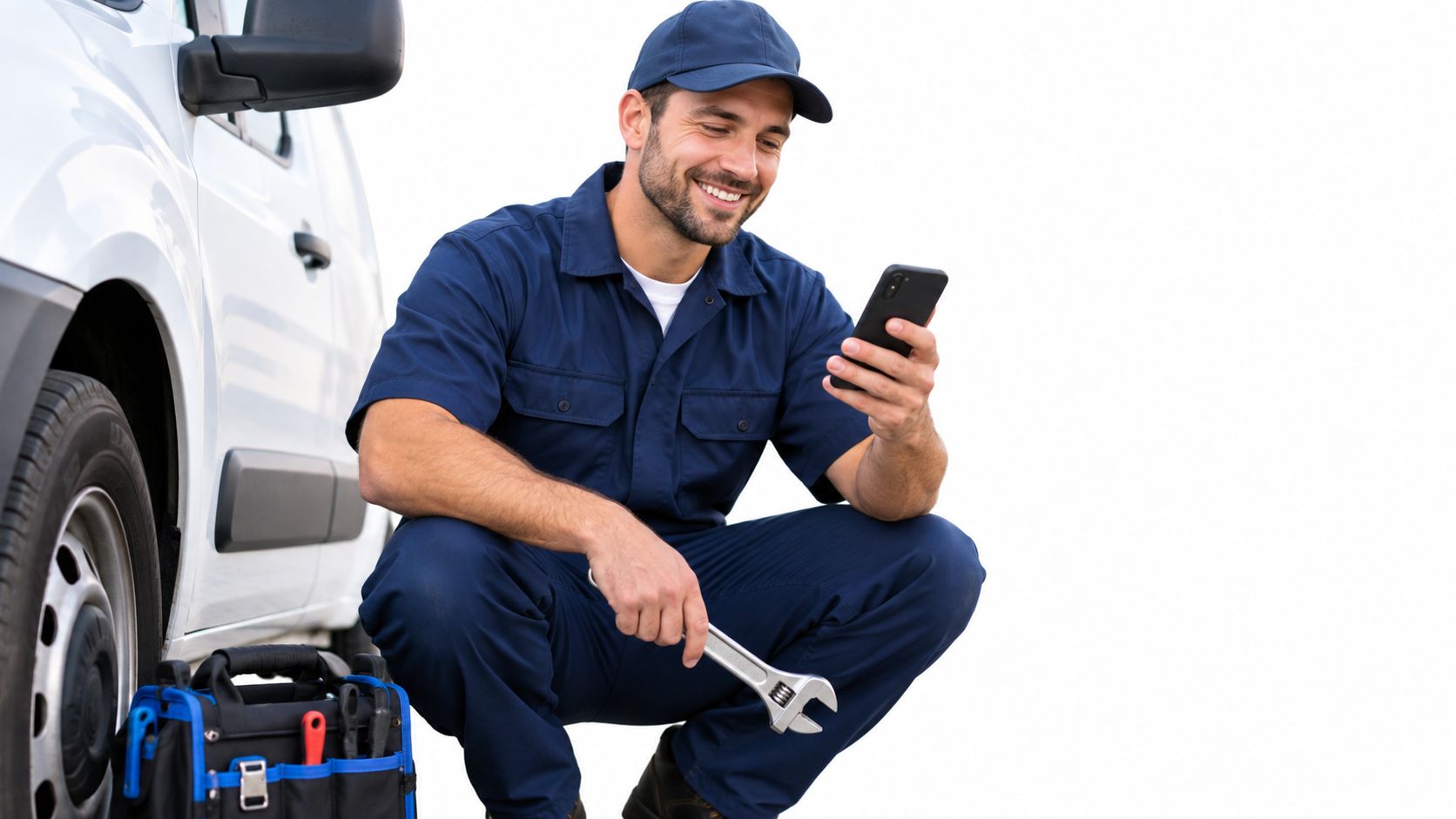 A friendly mechanic in a blue uniform crouches by a van while checking his mobile phone.