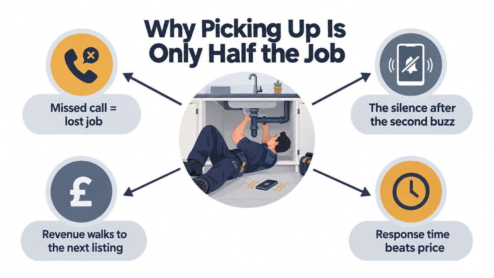 A plumber working under a sink with a phone ringing, highlighting the importance of answering customer calls.