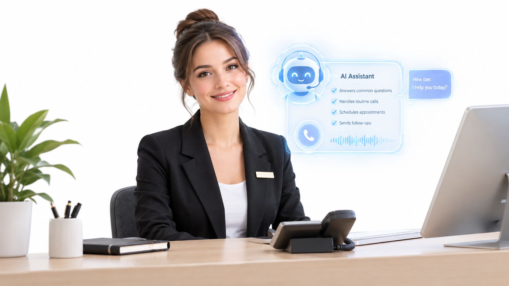A professional receptionist smiling at her desk with a digital AI assistant interface overlaying the workspace.