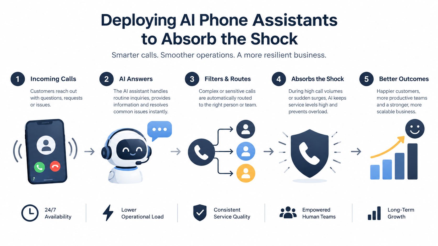 A five-step infographic illustrating how AI phone assistants handle customer calls to improve business operational efficiency.