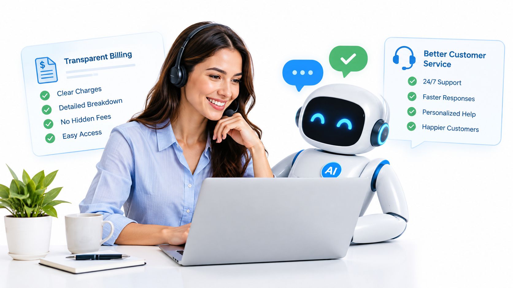 A smiling customer service representative using a laptop with an AI robot assistant beside her.