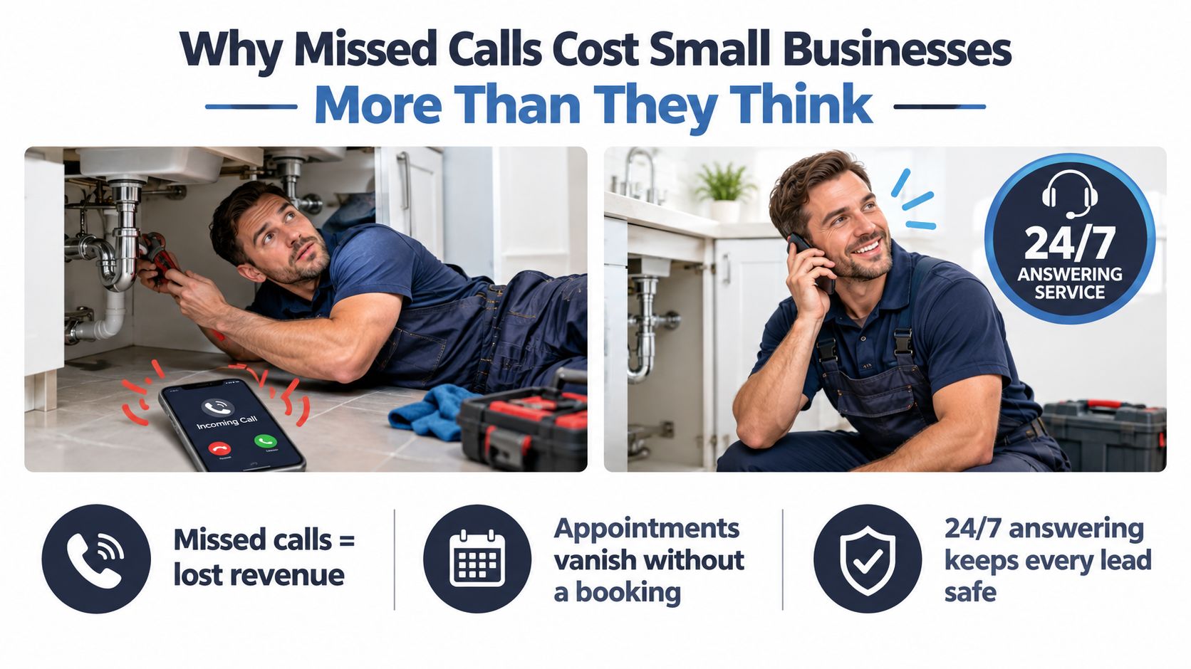 A plumber working on pipes while ignoring a ringing phone compared to a plumber happily answering calls.