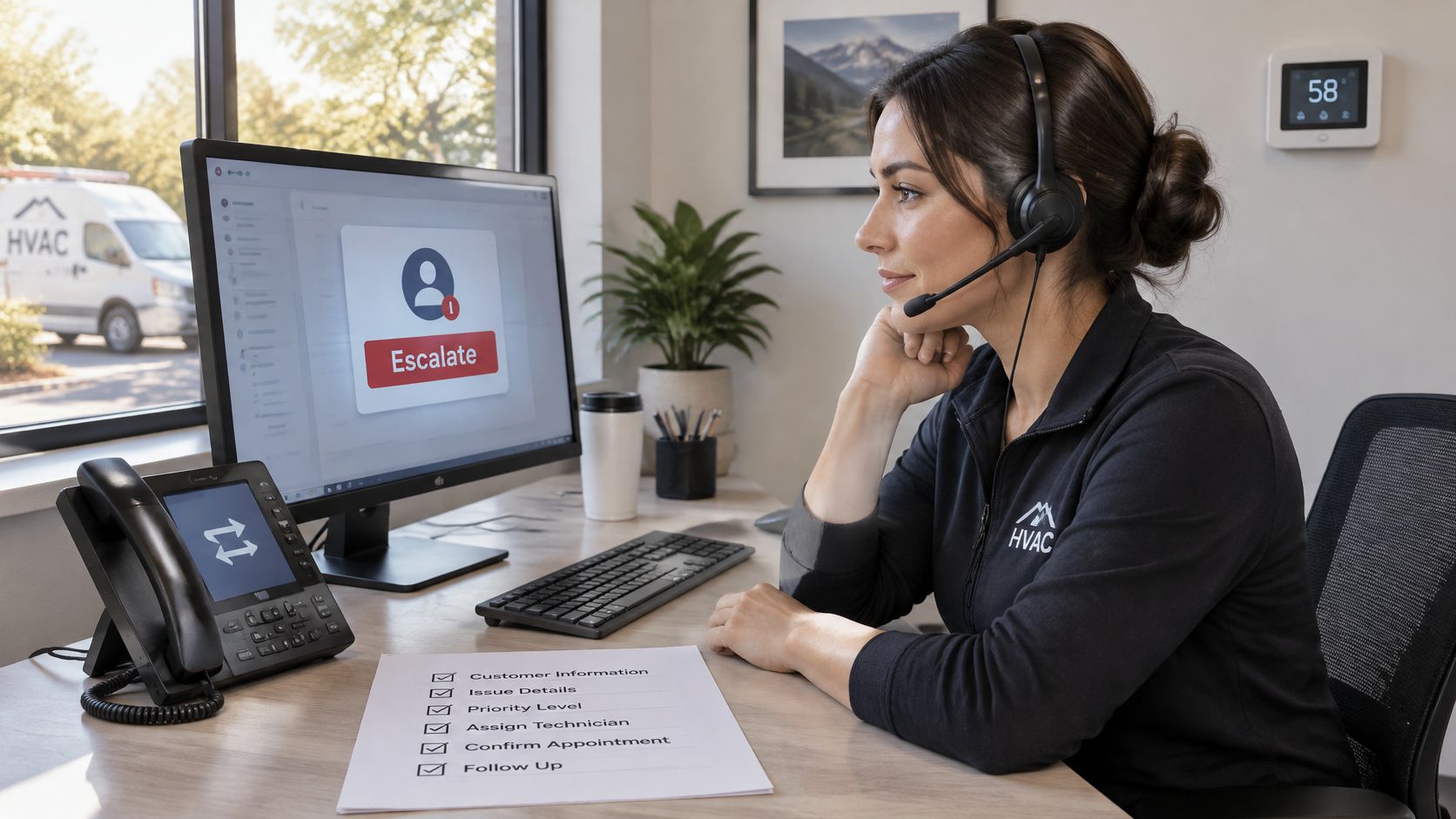 A female HVAC customer service representative with a headset looking at a computer screen showing escalation options.